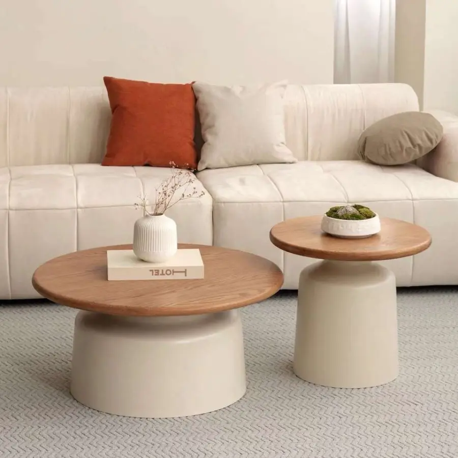 Modern Luxury Solid Wood Round Coffee Table with Durable Wrought Iron Side Living Room Furniture for Home Office — view 1