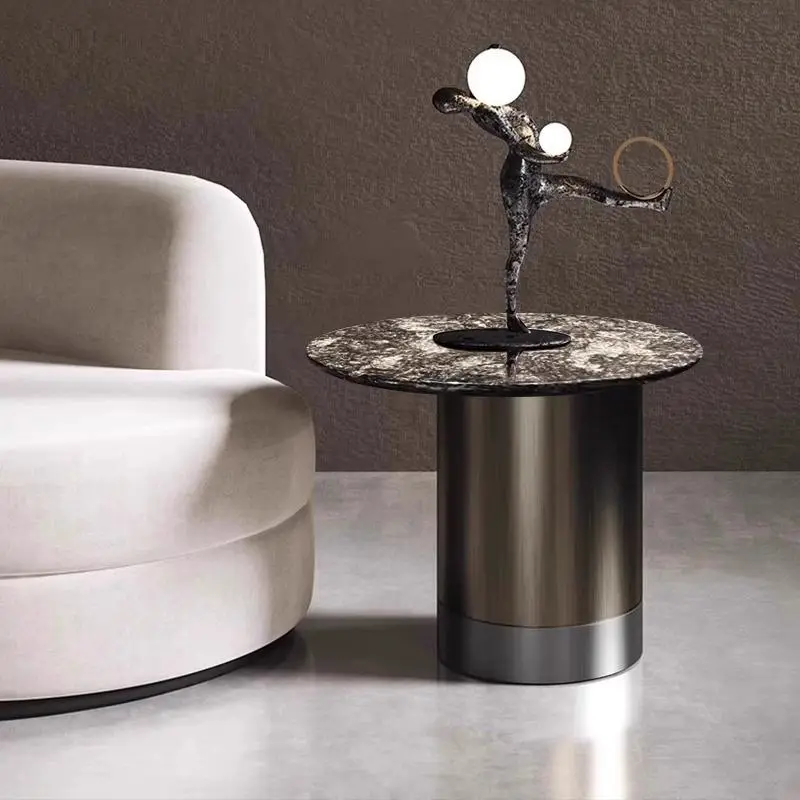 Luxury Round Nesting Coffee Table Set Dark Galaxy Marble Sintered Stone Gunmetal Cylinder Base Custom Living Room — image 4
