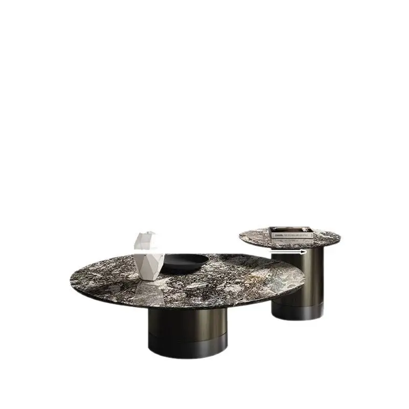 Luxury Round Nesting Coffee Table Set Dark Galaxy Marble Sintered Stone Gunmetal Cylinder Base Custom Living Room — image 5