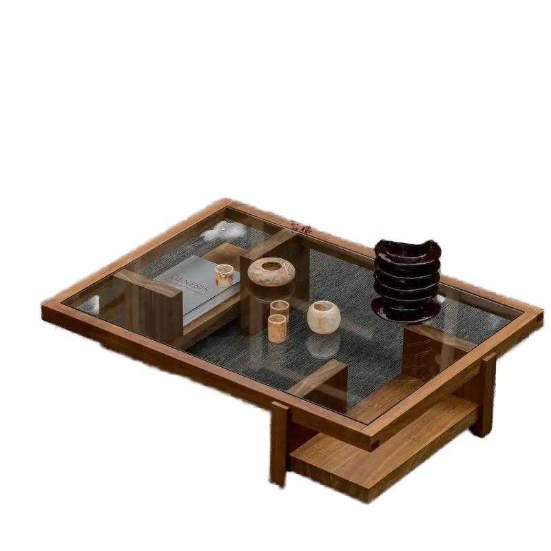 Luxury Wabi-Sabi Rectangle Coffee Table Smoked Glass Inset Wide Frame Open Shelf Custom for Living Room — view 1