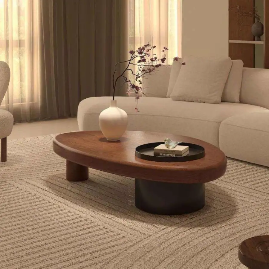 OEM Wabi-Sabi Organic Oval Coffee Table Center Hole Rotating Tray Top Hidden Storage Walnut Custom Modern Living Room — view 2