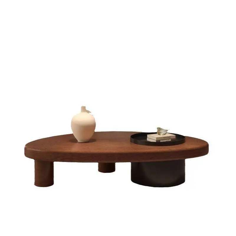 OEM Wabi-Sabi Organic Oval Coffee Table Center Hole Rotating Tray Top Hidden Storage Walnut Custom Modern Living Room — view 3