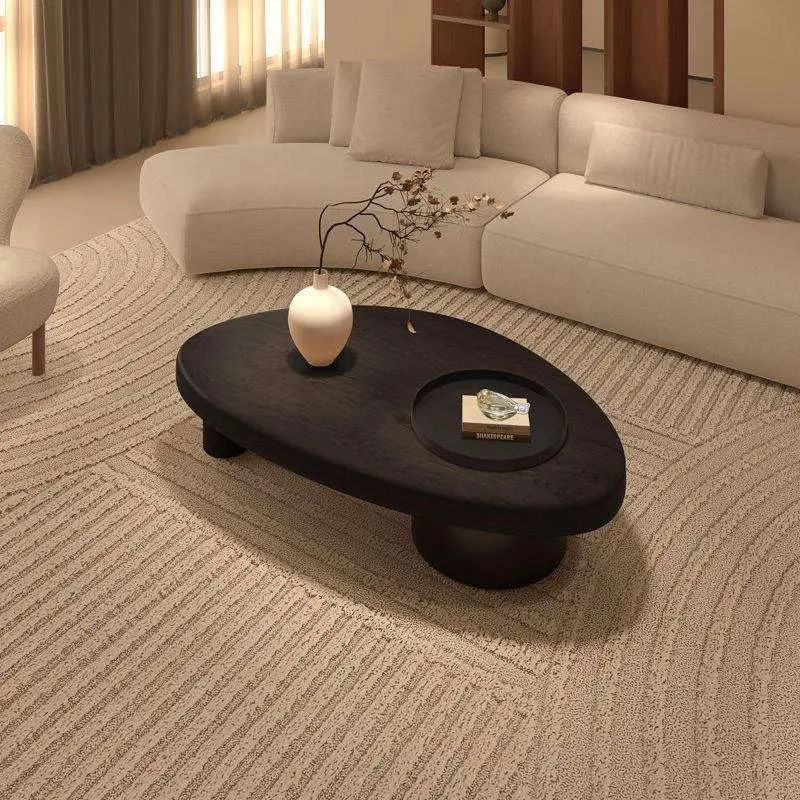 OEM Wabi-Sabi Organic Oval Coffee Table Center Hole Rotating Tray Top Hidden Storage Walnut Custom Modern Living Room — view 4