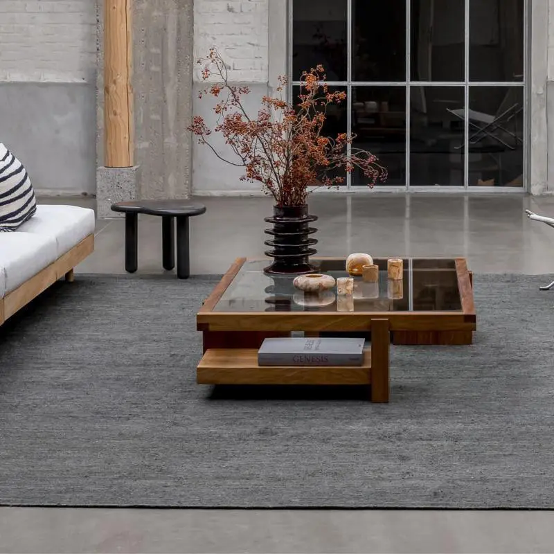Luxury Wabi-Sabi Rectangle Coffee Table Smoked Glass Inset Wide Frame Open Shelf Custom for Living Room — image 2