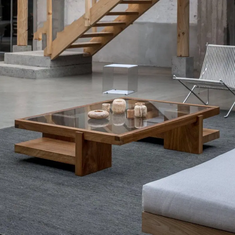 Luxury Wabi-Sabi Rectangle Coffee Table Smoked Glass Inset Wide Frame Open Shelf Custom for Living Room — image 3