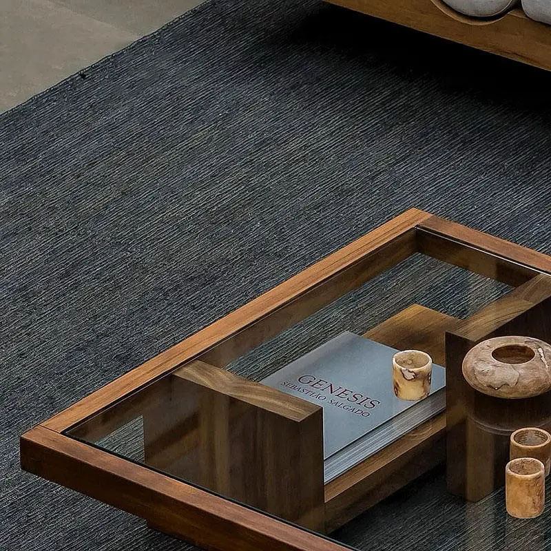 Luxury Wabi-Sabi Rectangle Coffee Table Smoked Glass Inset Wide Frame Open Shelf Custom for Living Room — image 4