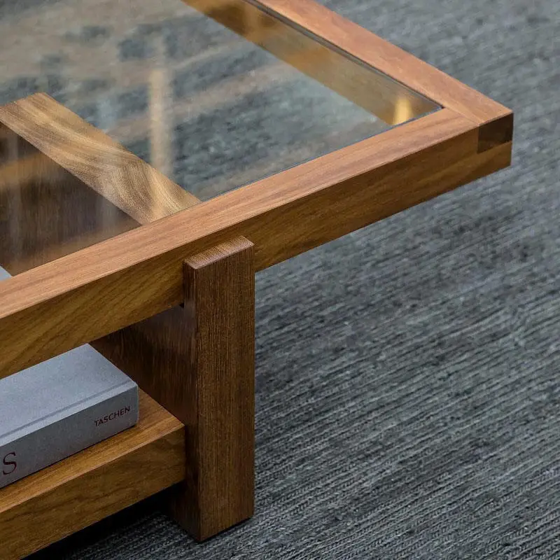 Luxury Wabi-Sabi Rectangle Coffee Table Smoked Glass Inset Wide Frame Open Shelf Custom for Living Room — image 5
