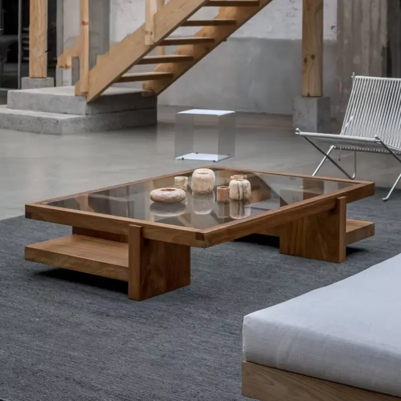 Luxury Wabi-Sabi Rectangle Coffee Table Smoked Glass Inset Wide Frame Open Shelf Custom for Living Room — image 6