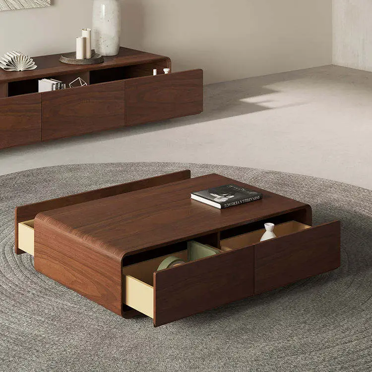 Unique Mid-Century Low Square Coffee Table Curved Bent Wrap 4 Drawers No Legs Dark Walnut Custom Home Decor — image 3
