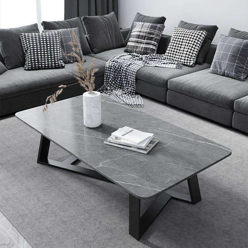 Luxury Rectangular Grey Coffee Table Asymmetric V Frame Black Metal Legs Rounded Corner Custom for Living Room — view 1