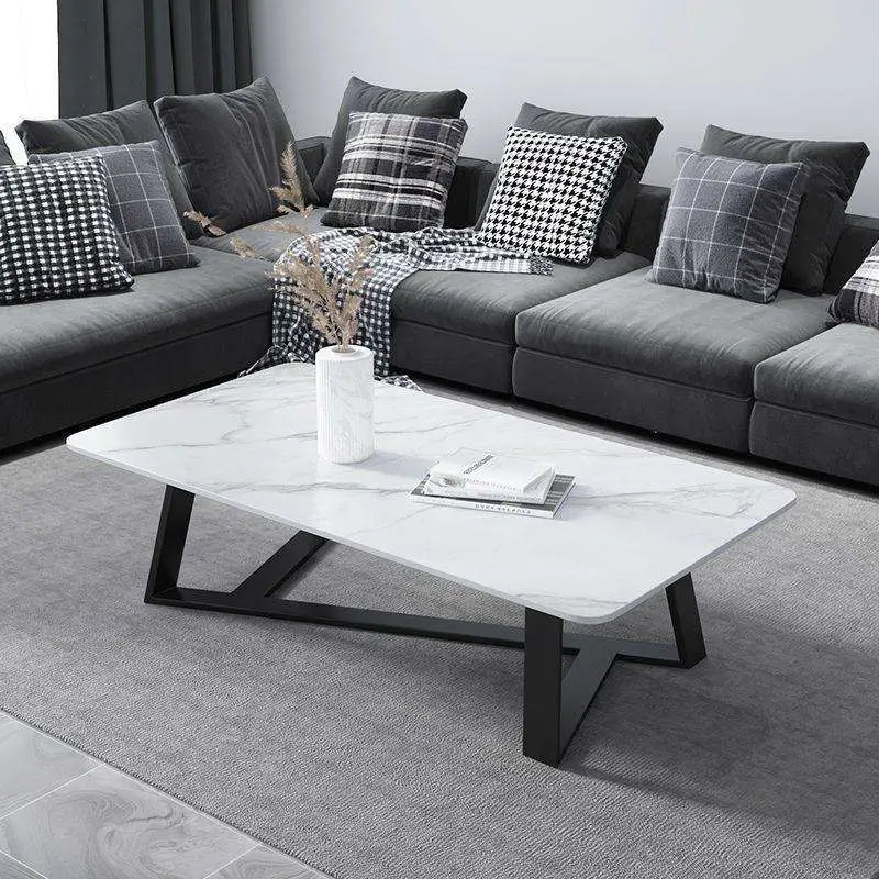 Luxury Rectangular Grey Coffee Table Asymmetric V Frame Black Metal Legs Rounded Corner Custom for Living Room — image 2