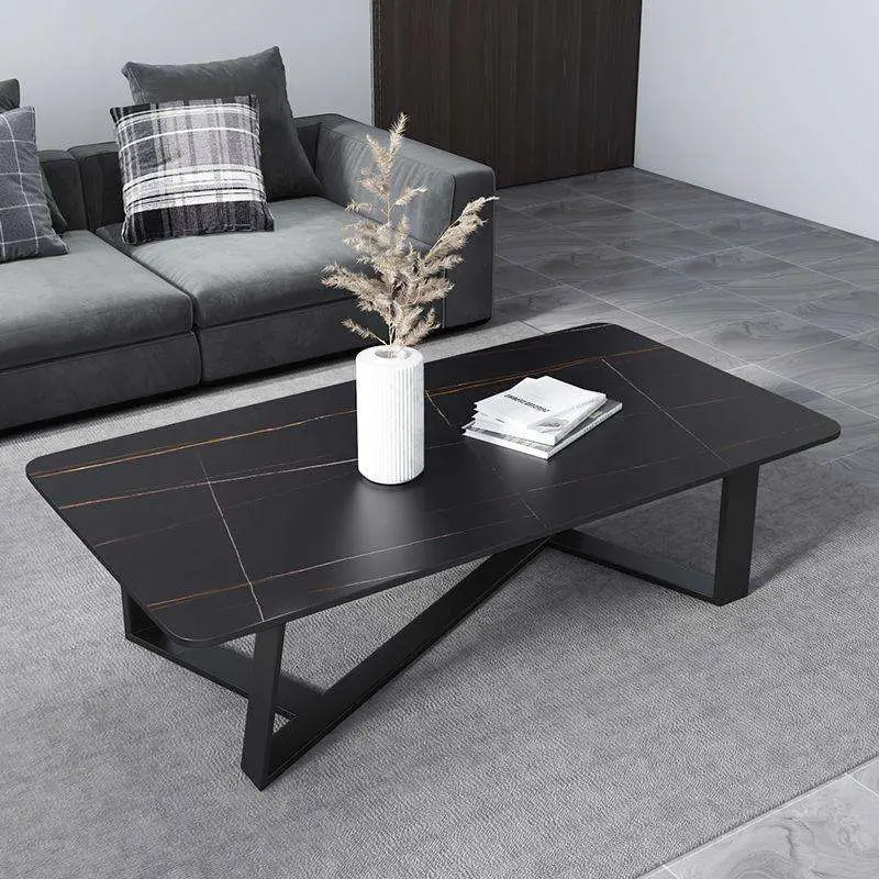 Luxury Rectangular Grey Coffee Table Asymmetric V Frame Black Metal Legs Rounded Corner Custom for Living Room — image 3
