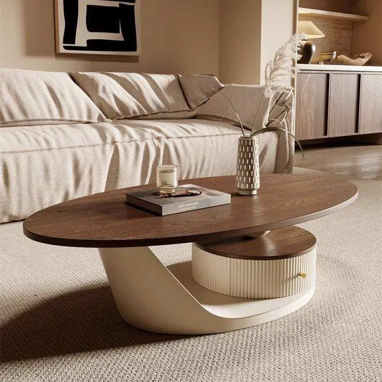Wholesale Oval Overhang Coffee Table Cream Twisted Arc Base Fluted Drum Drawer Gold Handle Custom Hotel Living Room — view 1