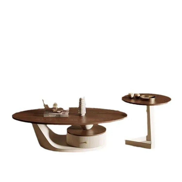 Wholesale Oval Overhang Coffee Table Cream Twisted Arc Base Fluted Drum Drawer Gold Handle Custom Hotel Living Room — image 2