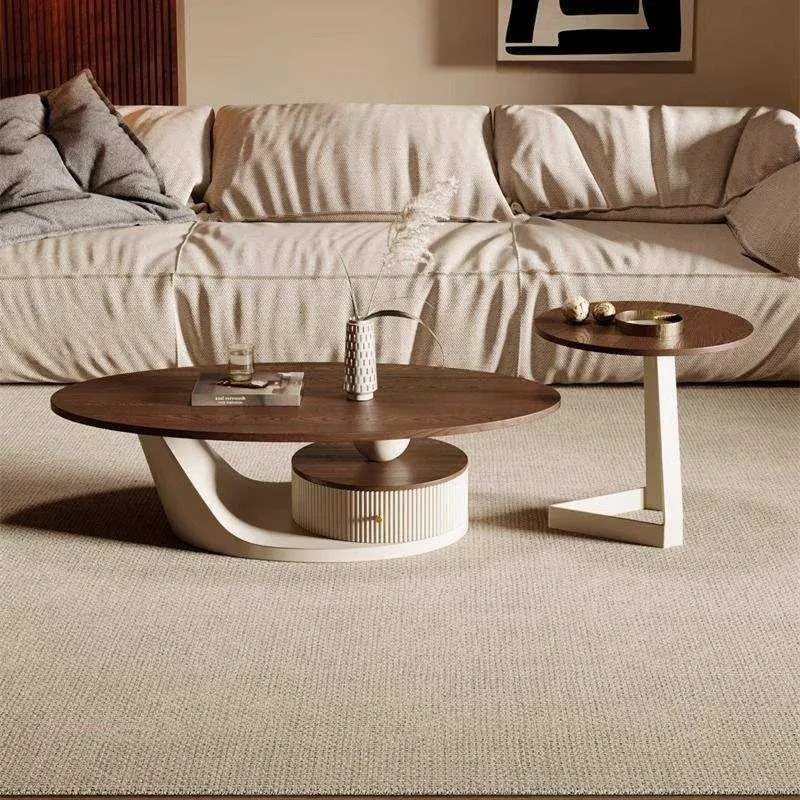 Wholesale Oval Overhang Coffee Table Cream Twisted Arc Base Fluted Drum Drawer Gold Handle Custom Hotel Living Room — image 3