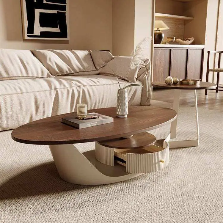 Wholesale Oval Overhang Coffee Table Cream Twisted Arc Base Fluted Drum Drawer Gold Handle Custom Hotel Living Room — image 5