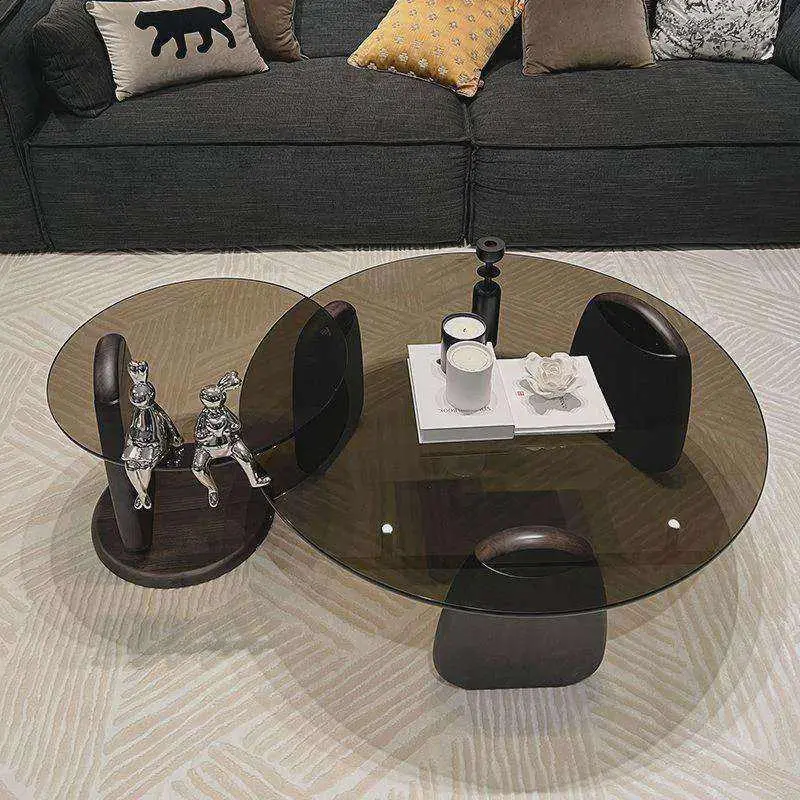 Durable Round Modern Nordic Wood Frame Glass Coffee Table for Living Room Home Furniture — image 2