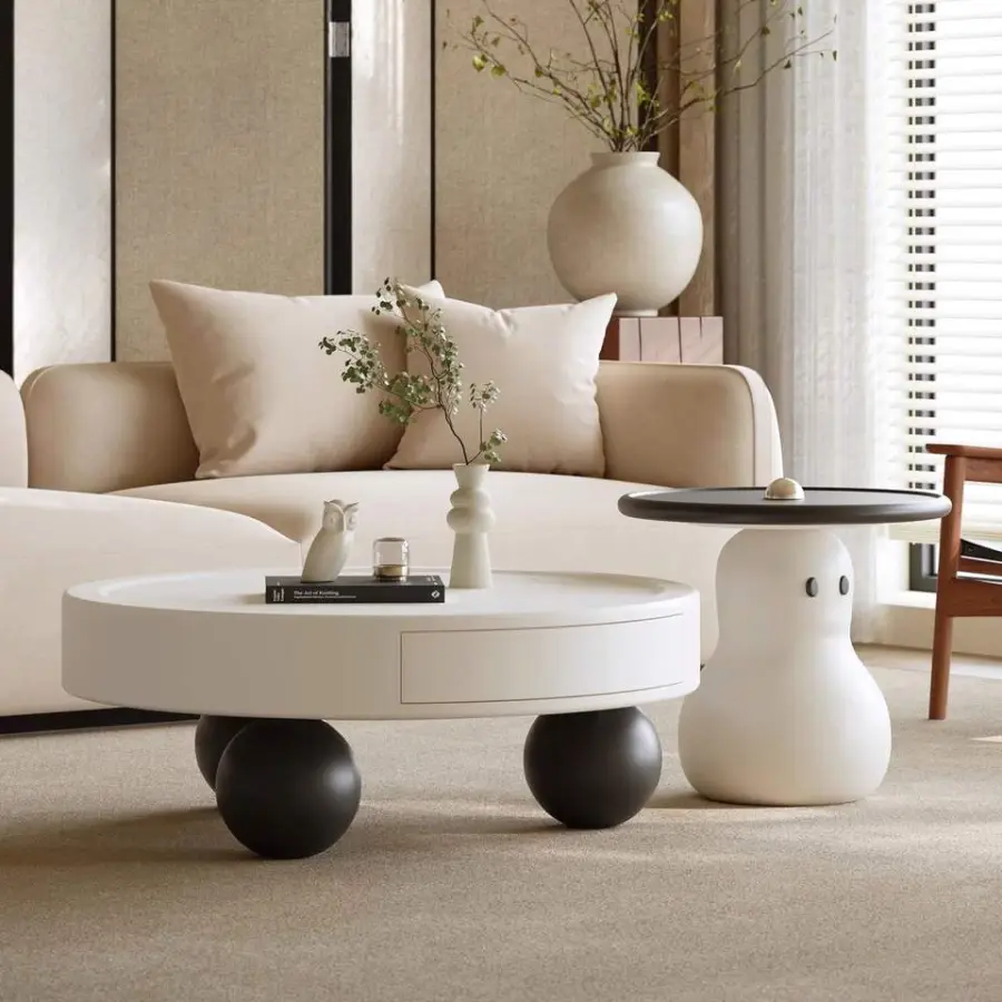 Cream White Snowman Shape Durable High End Modern Living Room Coffee Table Set Wholesale Wooden Center Table — image 4