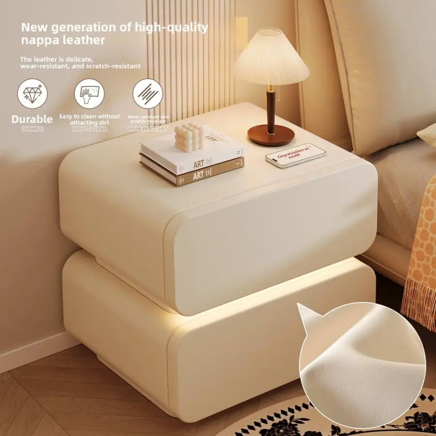 Top Rated Modern Ribbed Leather Nightstand Bedside Table Bedside Cabinet for Luxury Bedroom — image 4