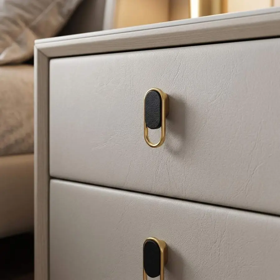 Modern Luxury Bedside Table Wood White Black Grey Double Drawer Narrow Faux Leather Eco-Friendly Bedroom Furniture — view 2