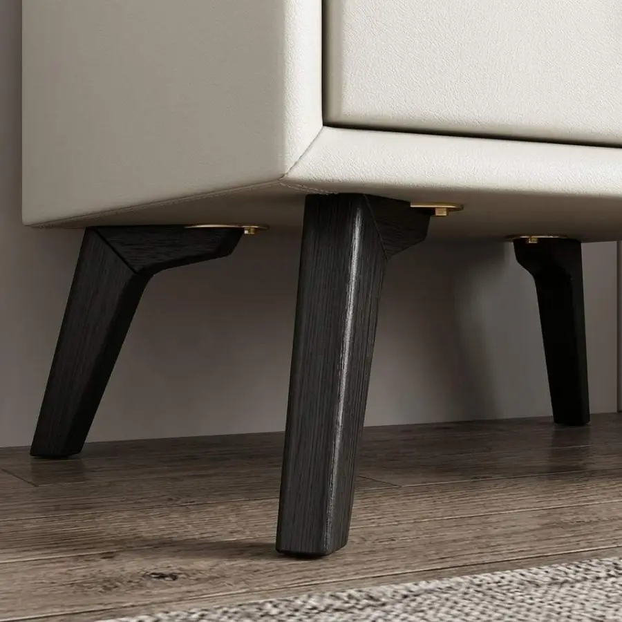 Modern Luxury Bedside Table Wood White Black Grey Double Drawer Narrow Faux Leather Eco-Friendly Bedroom Furniture — view 3