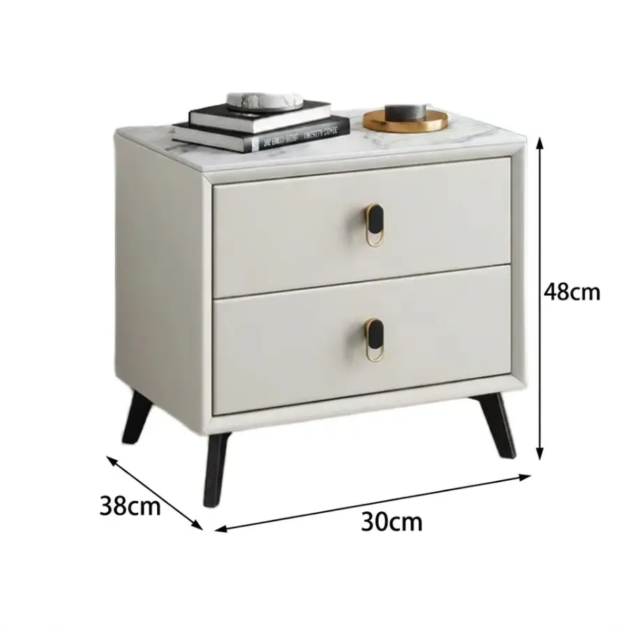 Modern Luxury Bedside Table Wood White Black Grey Double Drawer Narrow Faux Leather Eco-Friendly Bedroom Furniture — view 4