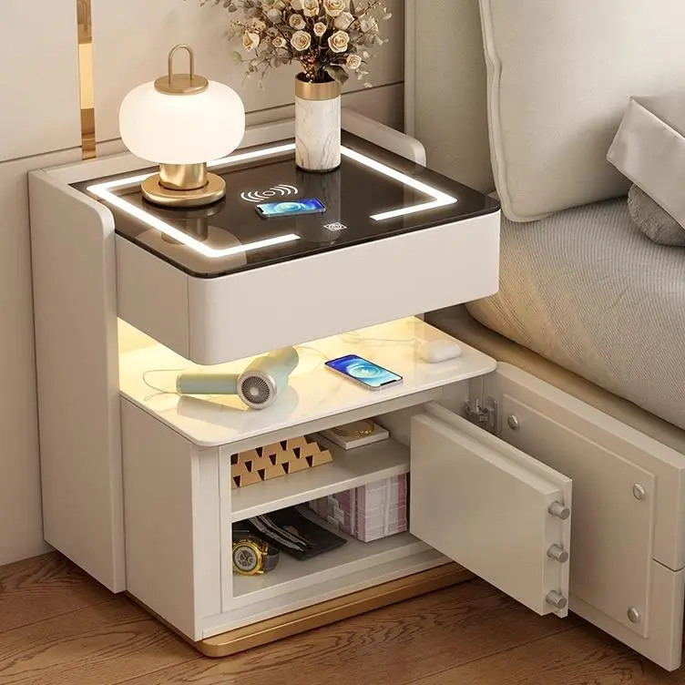 Smart Bedroom Bedside Safe Nightstand Rechargeable Wireless Charger Touch LED Light Modern Minimalist Design Solid Wood — view 1