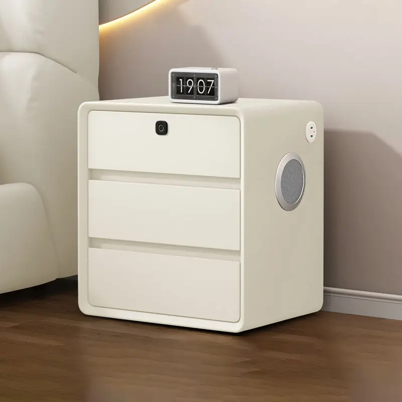 Latest Cream Light Luxury Villa Bedside Table Modern 3 Drawer Bedroom Furniture Smart Wooden Nightstand Speaker USB Fing — view 1