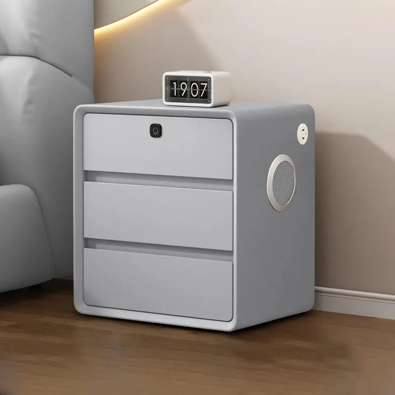Latest Cream Light Luxury Villa Bedside Table Modern 3 Drawer Bedroom Furniture Smart Wooden Nightstand Speaker USB Fingerprint — image 2