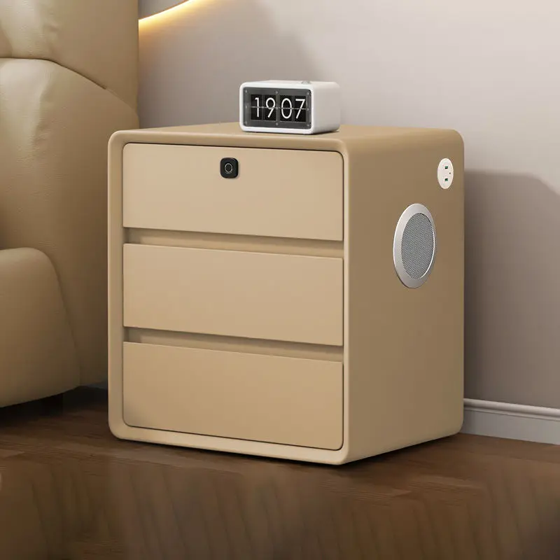 Latest Cream Light Luxury Villa Bedside Table Modern 3 Drawer Bedroom Furniture Smart Wooden Nightstand Speaker USB Fingerprint — image 4
