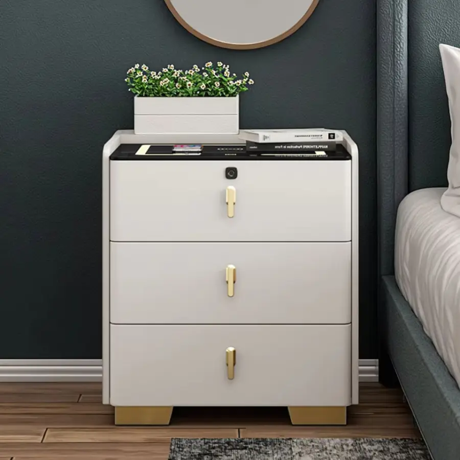 Modern Luxury Leather Smart Apartment 3-Drawer Bedside Table Wireless Charging Fingerprint Password Lock LED Lighting fo — view 1