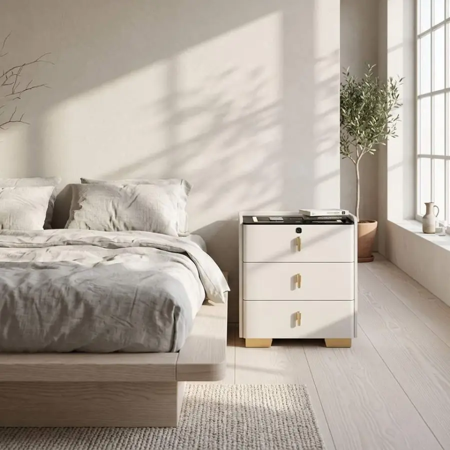 Modern Luxury Leather Smart Apartment 3-Drawer Bedside Table Wireless Charging Fingerprint Password Lock LED Lighting for Hotel — image 2