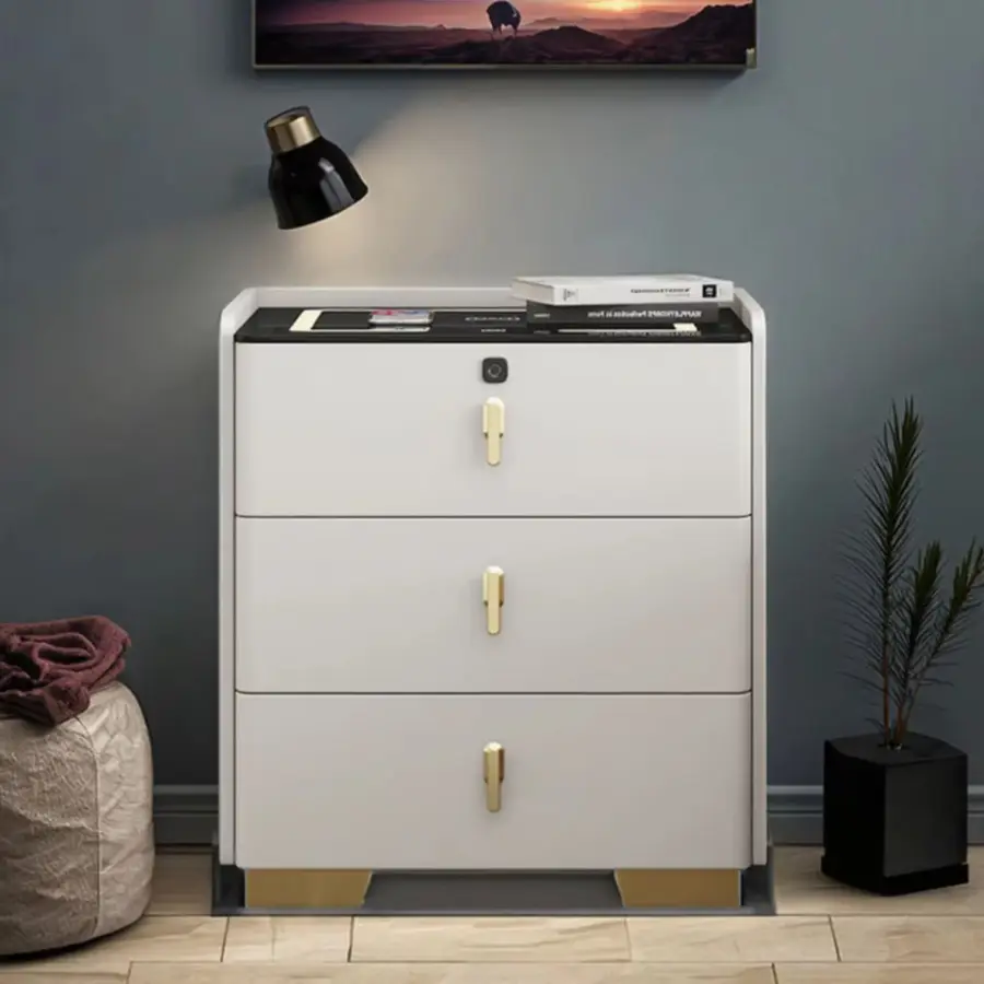 Modern Luxury Leather Smart Apartment 3-Drawer Bedside Table Wireless Charging Fingerprint Password Lock LED Lighting for Hotel — image 3