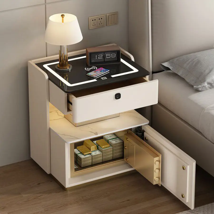 Intelligent Bedside Cabinet with Safe New Designer Luxurious Wooden Smart Bedside Table Modern 1-drawer Leather Bedside Table — image 2