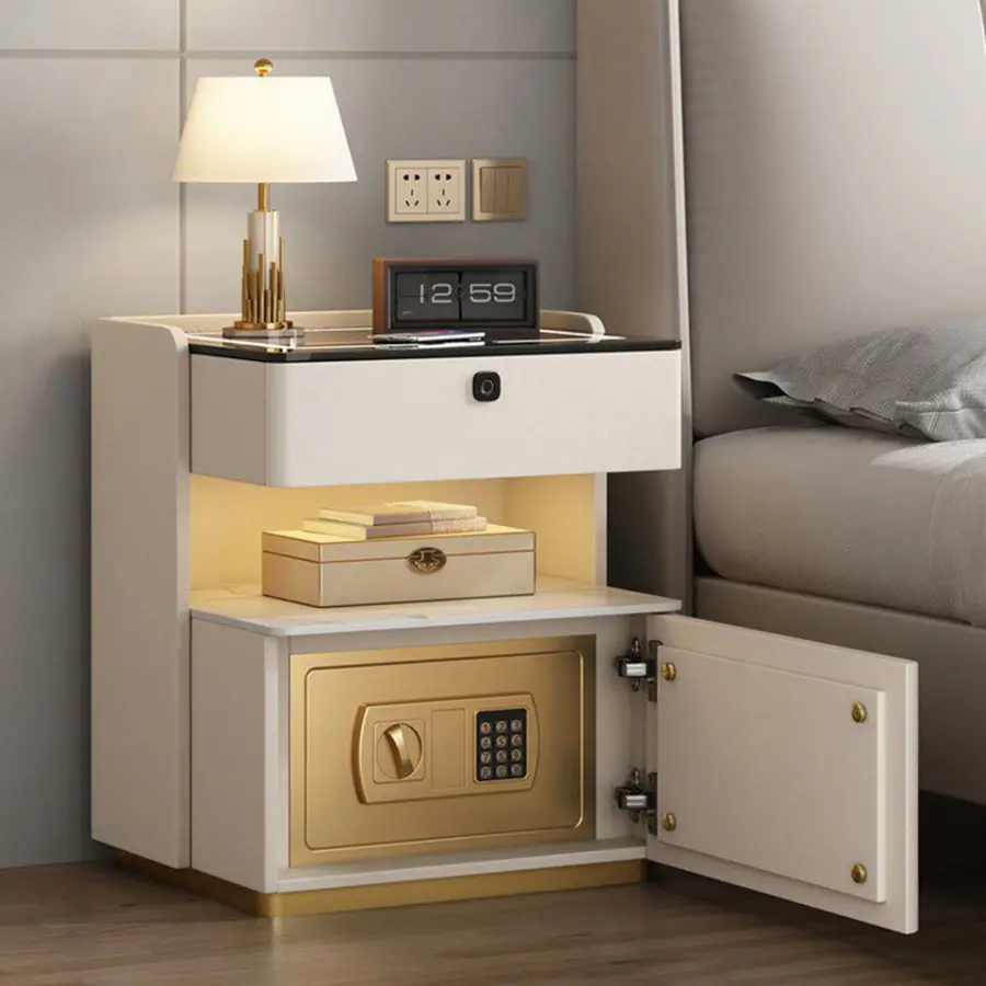 Intelligent Bedside Cabinet with Safe New Designer Luxurious Wooden Smart Bedside Table Modern 1-drawer Leather Bedside Table — image 3
