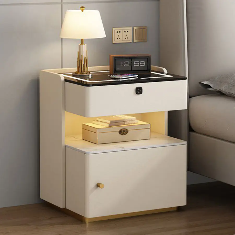 Intelligent Bedside Cabinet with Safe New Designer Luxurious Wooden Smart Bedside Table Modern 1-drawer Leather Bedside Table — image 4