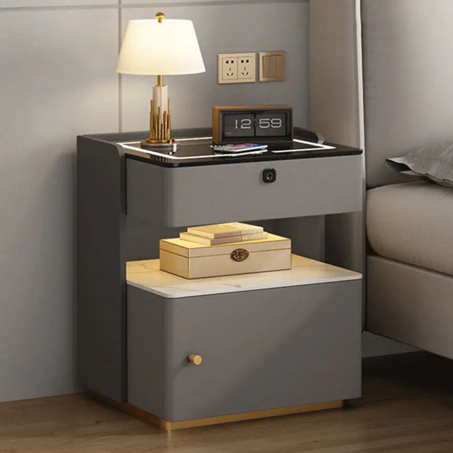 Intelligent Bedside Cabinet with Safe New Designer Luxurious Wooden Smart Bedside Table Modern 1-drawer Leather Bedside Table — image 5