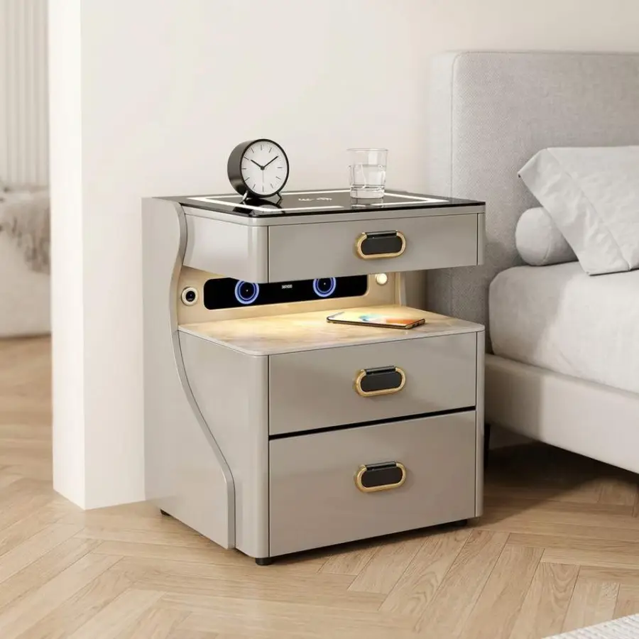 Modern Luxury Wood Nightstand with Wireless Charging and Glass Top for Bedroom Furniture — view 1