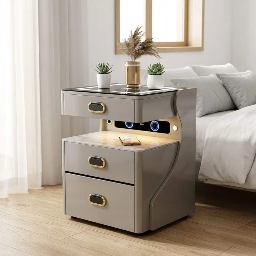 Modern Luxury Wood Nightstand with Wireless Charging and Glass Top for Bedroom Furniture — view 2