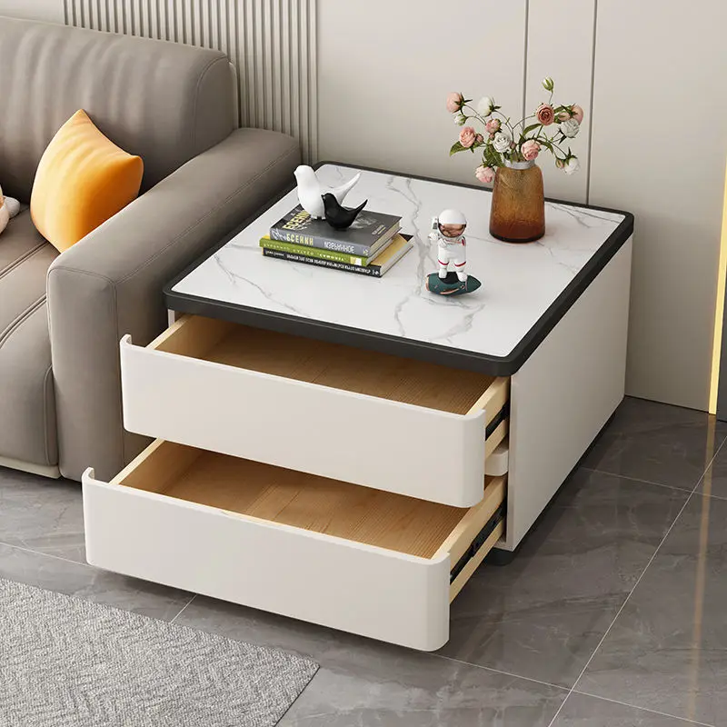 Luxury Sintered Stone Top Wood Extendable Coffee Table 2 Drawers Eco-Friendly Durable White Modern Home Furniture for Bedroom — image 4