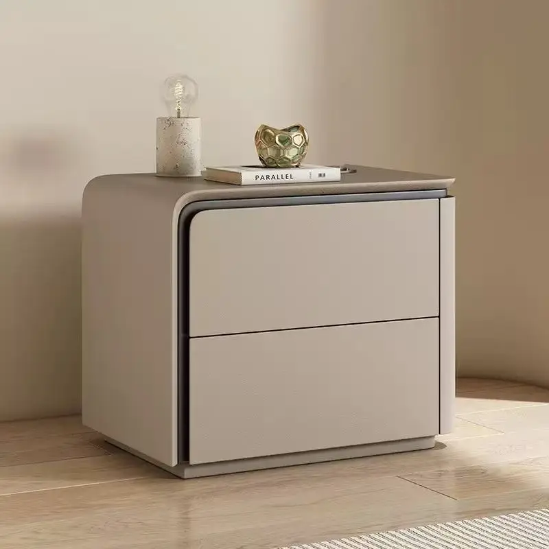 Cream Colored Modern Solid Wood Bedside Table with Storage Cabinet Durable Apartment Bedroom Furniture — image 2