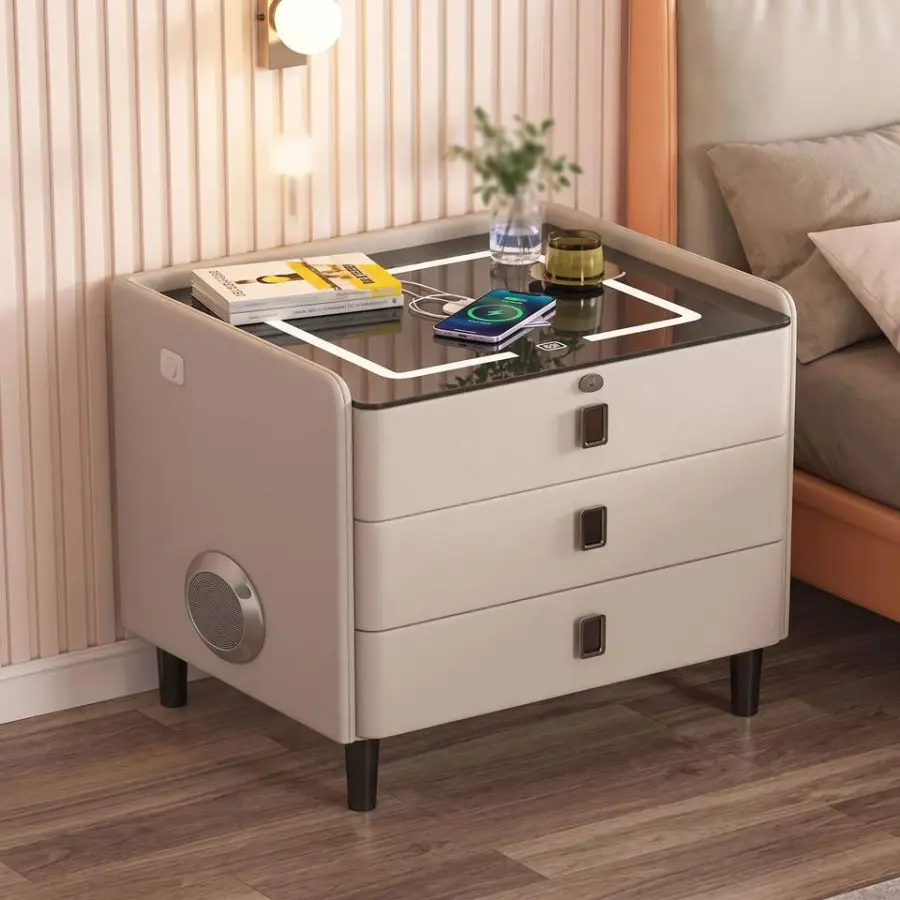 Modern Leather Smart Nightstand Wireless Charging RGB Light Stereo Speaker Secure Fingerprint Drawer 3-Drawer Bedroom Di — view 1