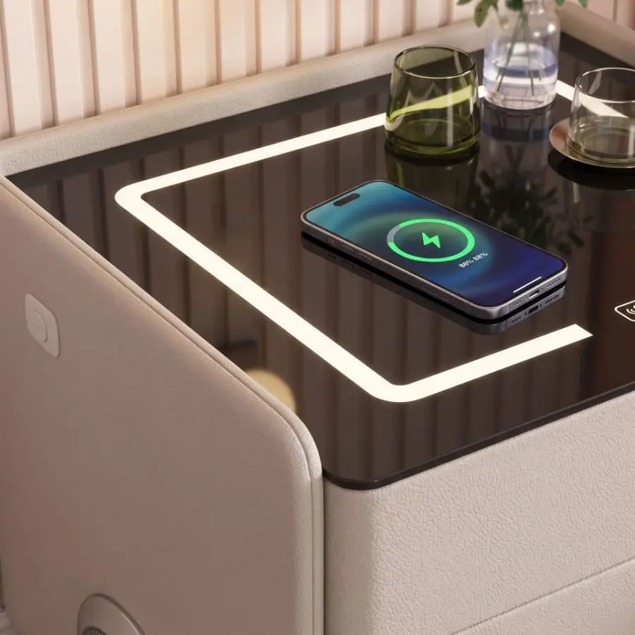 Modern Leather Smart Nightstand Wireless Charging RGB Light Stereo Speaker Secure Fingerprint Drawer 3-Drawer Bedroom Dining — image 2