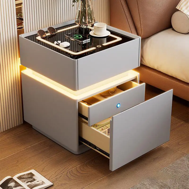 High Quality Smart Bedside Nightstand Safe Luxury Modern Storage 3Drawers Wireless Charging Speaker Wooden Fingerprint Lock — image 2