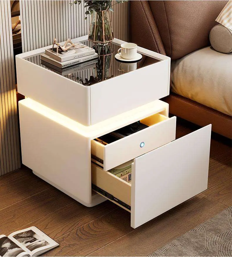 High Quality Smart Bedside Nightstand Safe Luxury Modern Storage 3Drawers Wireless Charging Speaker Wooden Fingerprint Lock — image 4