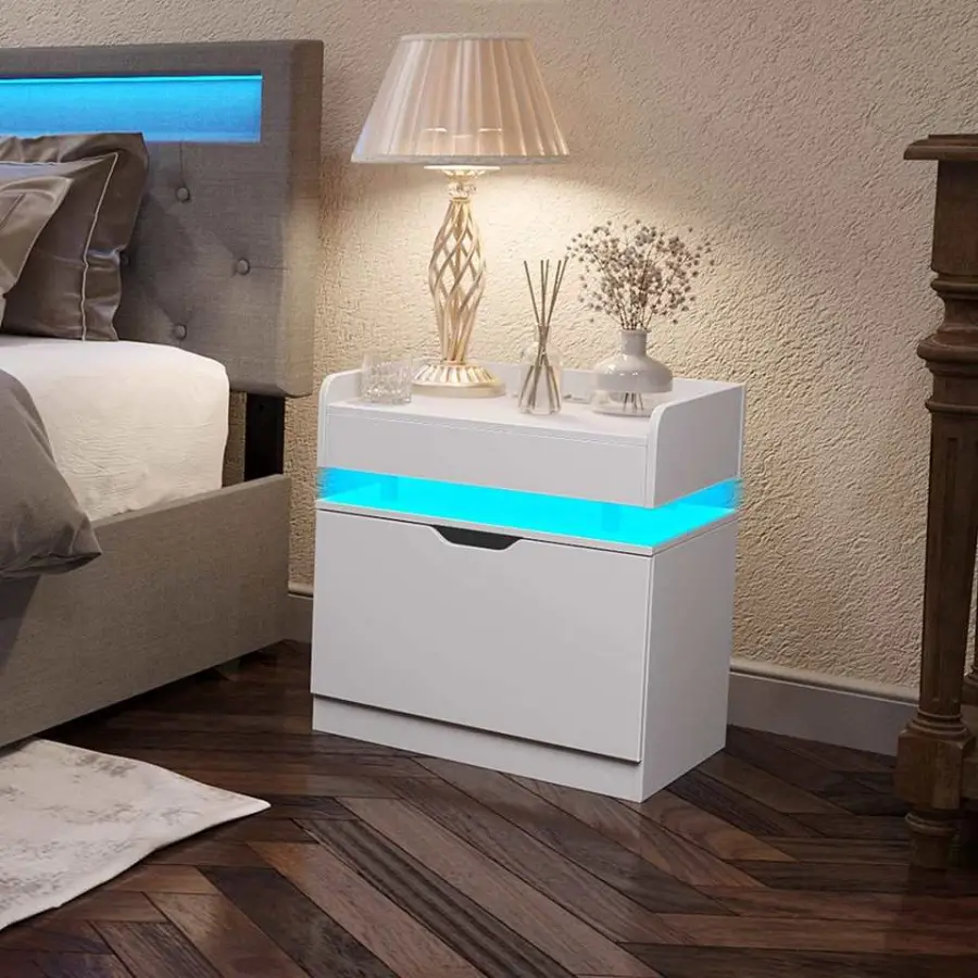 Modern White High Gloss LED Nightstand with Single Drawer Bedside Table RGB Ambient Light Bedroom Storage Cabinet Furnit — view 1