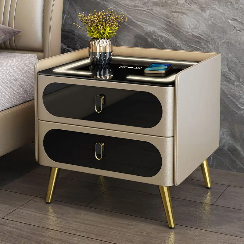 Luxurious Smart Modern Wooden 2-Drawers Wireless Charging Lockable Bedside Table with Italian Design for Home Office — image 3