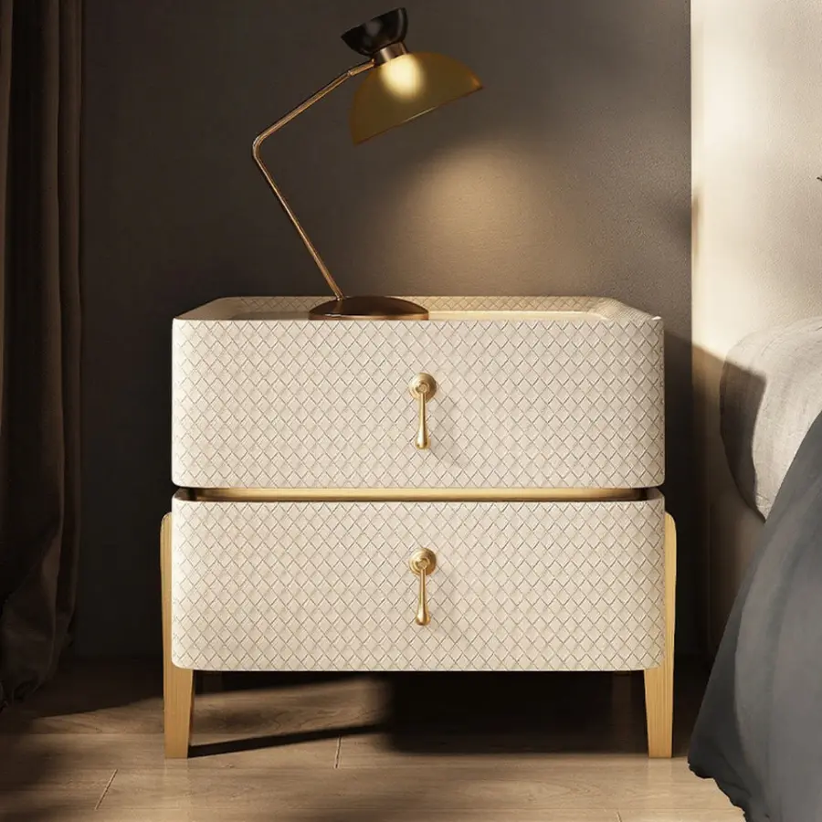 Luxury Cream White Cheap Modern Solid Wooden 2 Drawers Nightstands Gold Feet Bedroom Furniture — image 5