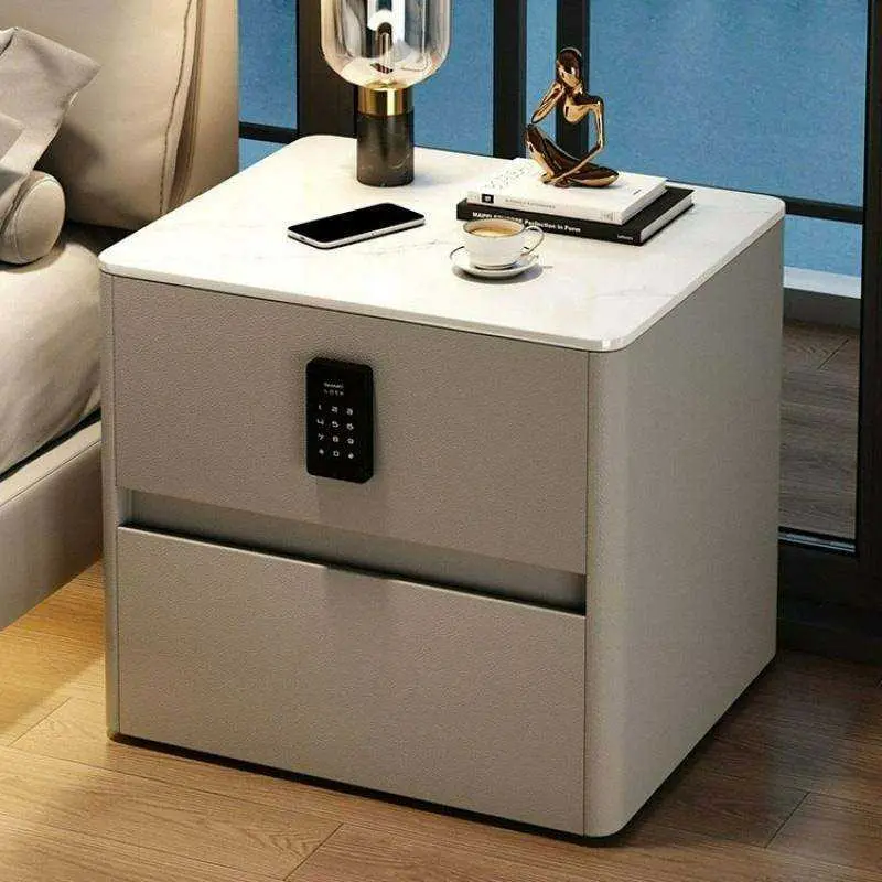 Cream Style Microfiber Leather Nightstand with Hidden Security Drawer & USB Port Rounded Corner Side Table — view 1