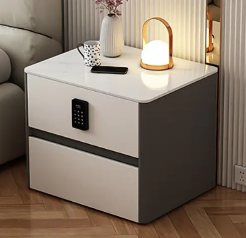 Cream Style Microfiber Leather Nightstand with Hidden Security Drawer & USB Port Rounded Corner Side Table — image 2